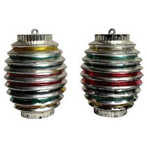 2 Vintage Bradford Hard Plastic Barrel Lantern Christmas Ornament Striped Silver